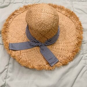 Straw Sun Hat with Blue Gingham Ribbon